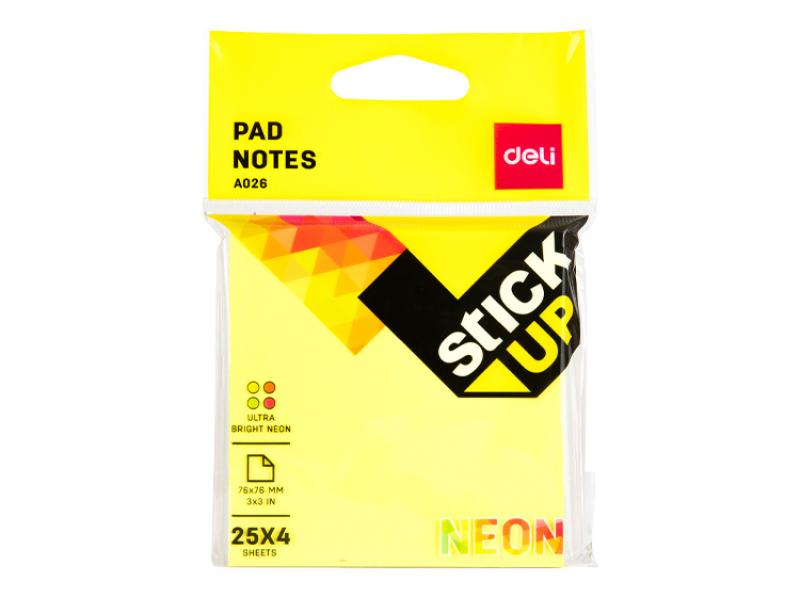 Stick Up Sticky Notes 76×76mm 4x25 Sheets Pink, Yellow, Green, Blue