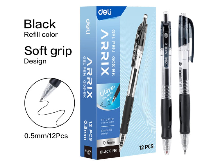 Arrix Retractable Gel Pen 0.5mm with Soft Grip Black