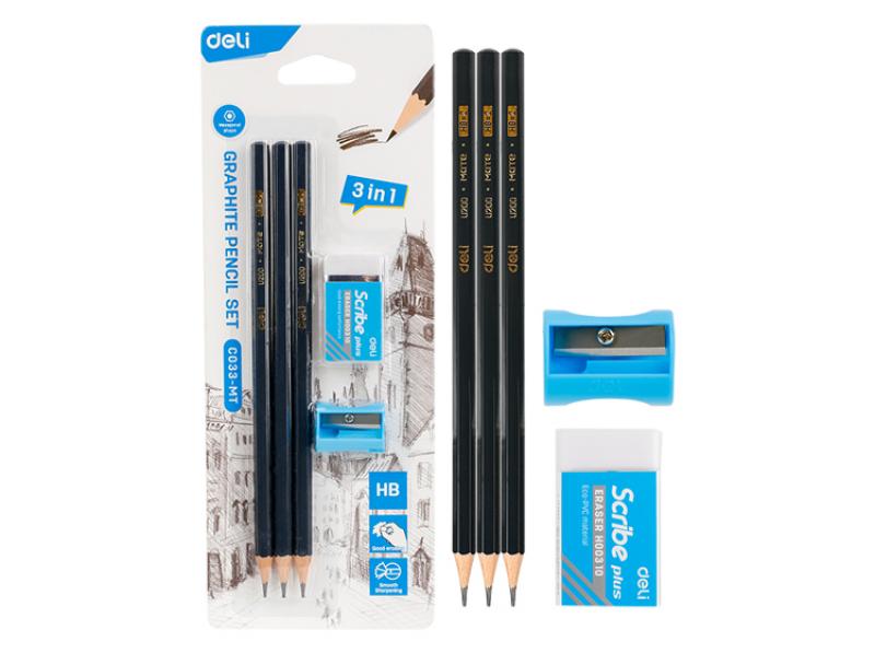 Deli Graphite Pencil Set 3pcs HB Pencils, 1pcs Sharpener, 1pcs Eraser - The Inky Shop