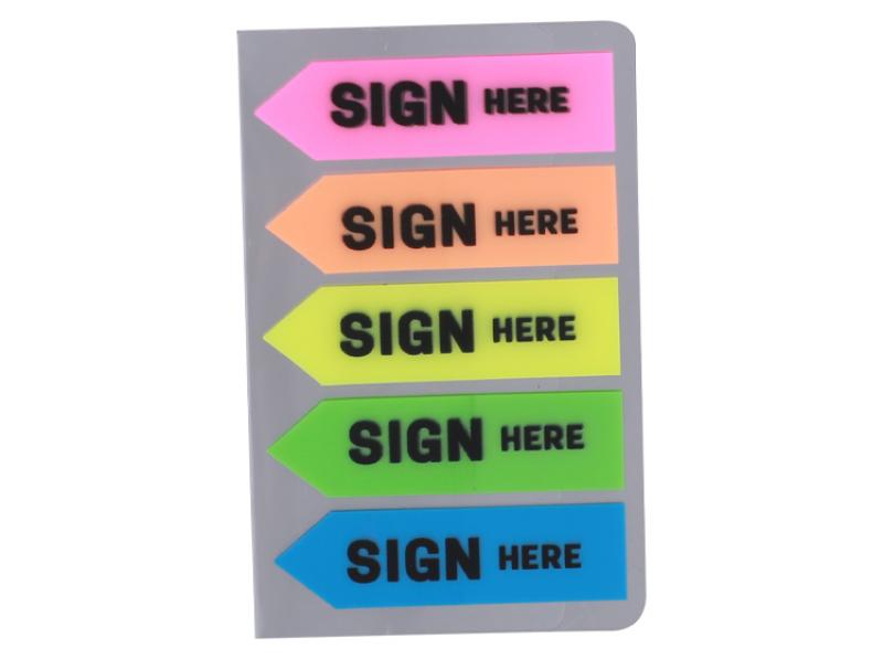 Stick Up Index Tabs 44×12mm, 5x20 Sheets, PP Tab Arrow Sign Here - Asst. Colours