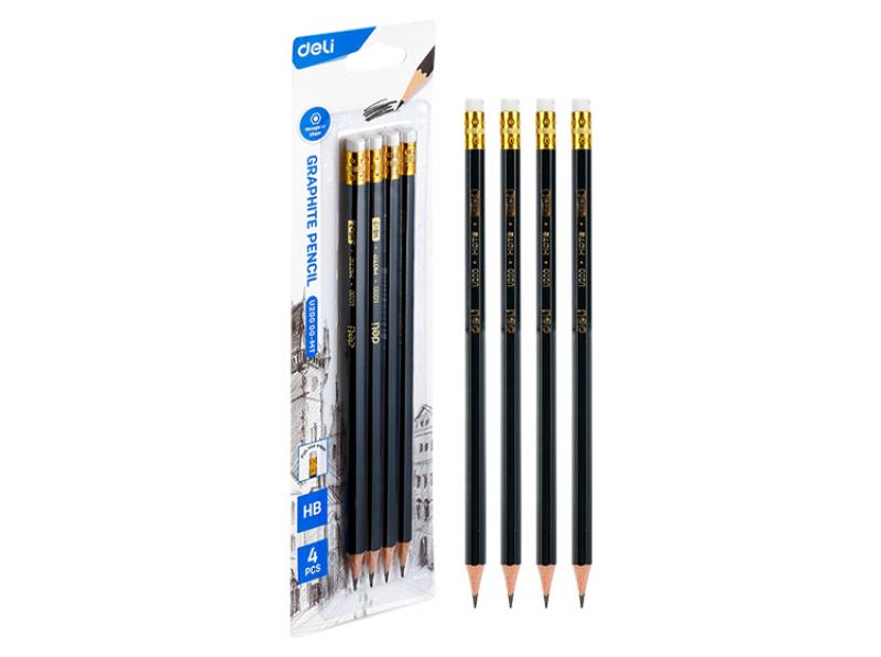 Deli Graphite Dark Blue Pencil HB W/ Eraser Blister Carded 4's