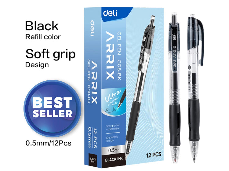 Arrix Retractable Gel Pen 0.5mm with Soft Grip Black
