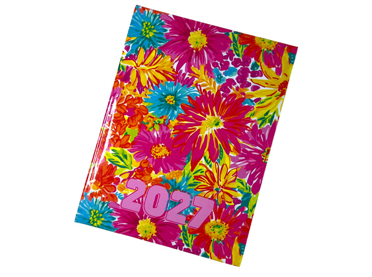 Urban Nomad 2027 A4 page-a-day hardcover diary featuring a vibrant, all-over floral print with bright pink, yellow, blue, and orange flowers