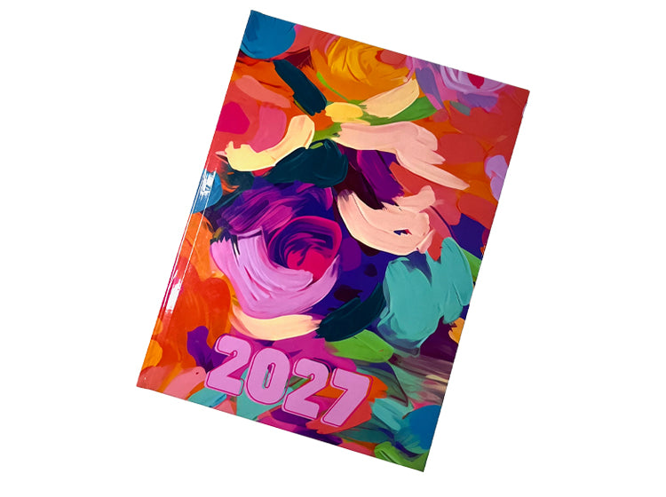 Urban Nomad 2027 A4 page-a-day hardcover diary featuring a vibrant, abstract floral painting with the year '2027' in bold pink text at the bottom.