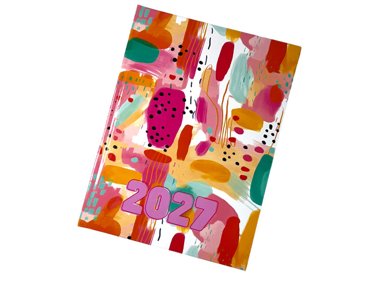 Urban Nomad 2027 A4 page-a-day hardcover diary featuring a vibrant, multicolored, ditsy dot pattern