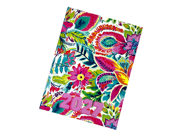 Urban Nomad 2027 A4 page-a-day hardcover diary featuring a vibrant, multicolored floral and paisley pattern