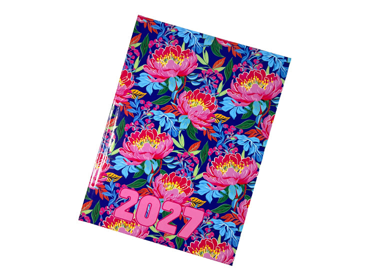 Urban Nomad 2027 A4 page-a-day hardcover diary featuring a vibrant floral pattern with pink peonies on a dark navy blue background