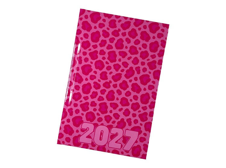 An Urban Nomad pink leopard-print 2027 A5 page-a-day diary with a glossy finish, shown at an angle on a plain white background.