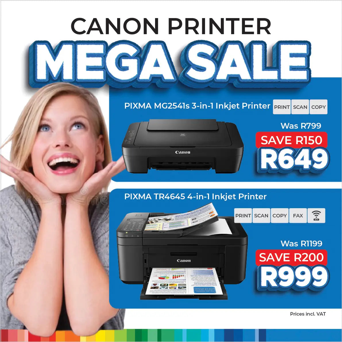 Canon Pixma printer sale at The Inky Shop: Get the Canon Pixma TR4645 for only R999 (Save R200) and the Canon Pixma MG2541s for just R649 (Save R150). Shop limited-time home office and stationery deals online.