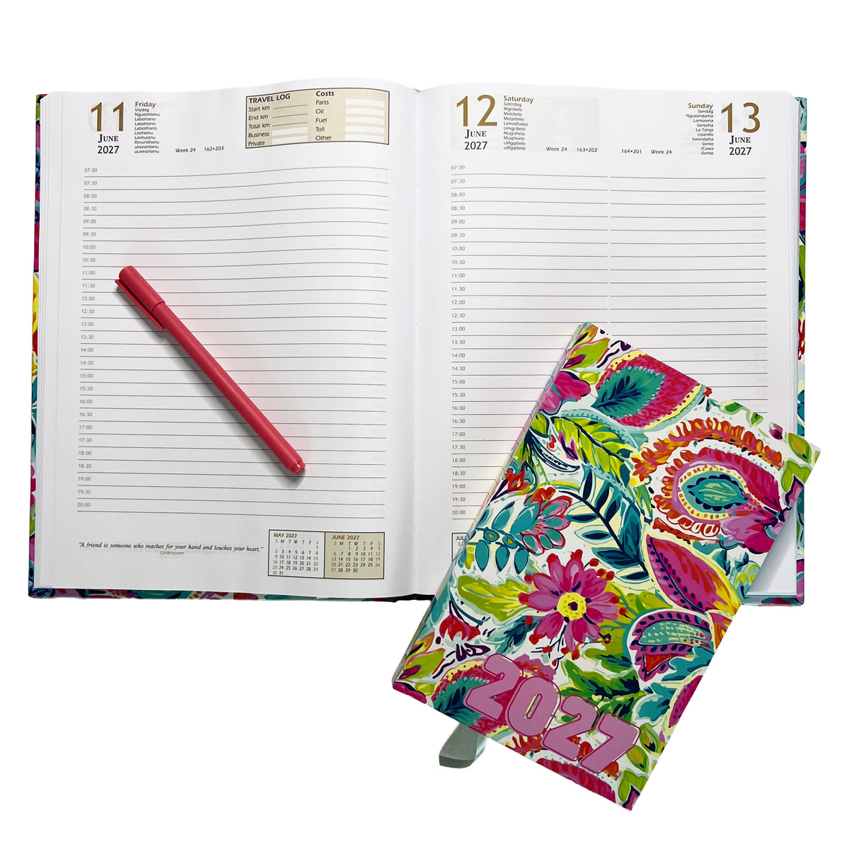 Open Urban Nomad 2027 A4 page-a-day diary showing the daily page layout, with a closed A5 diary on top for size comparison