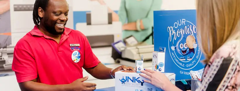 Friendly in-store customer service at The Inky Shop, showcasing affordable printing consumables and quality guaranteed ink and toner solutions.